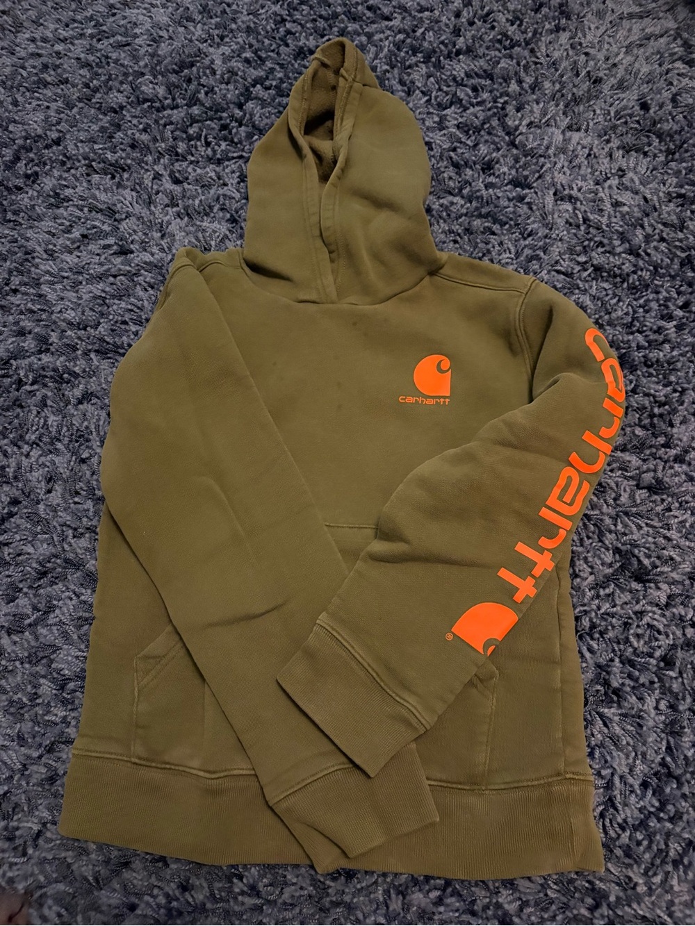 Carhartt Olive Green Hoodie with Bright Orange Logo